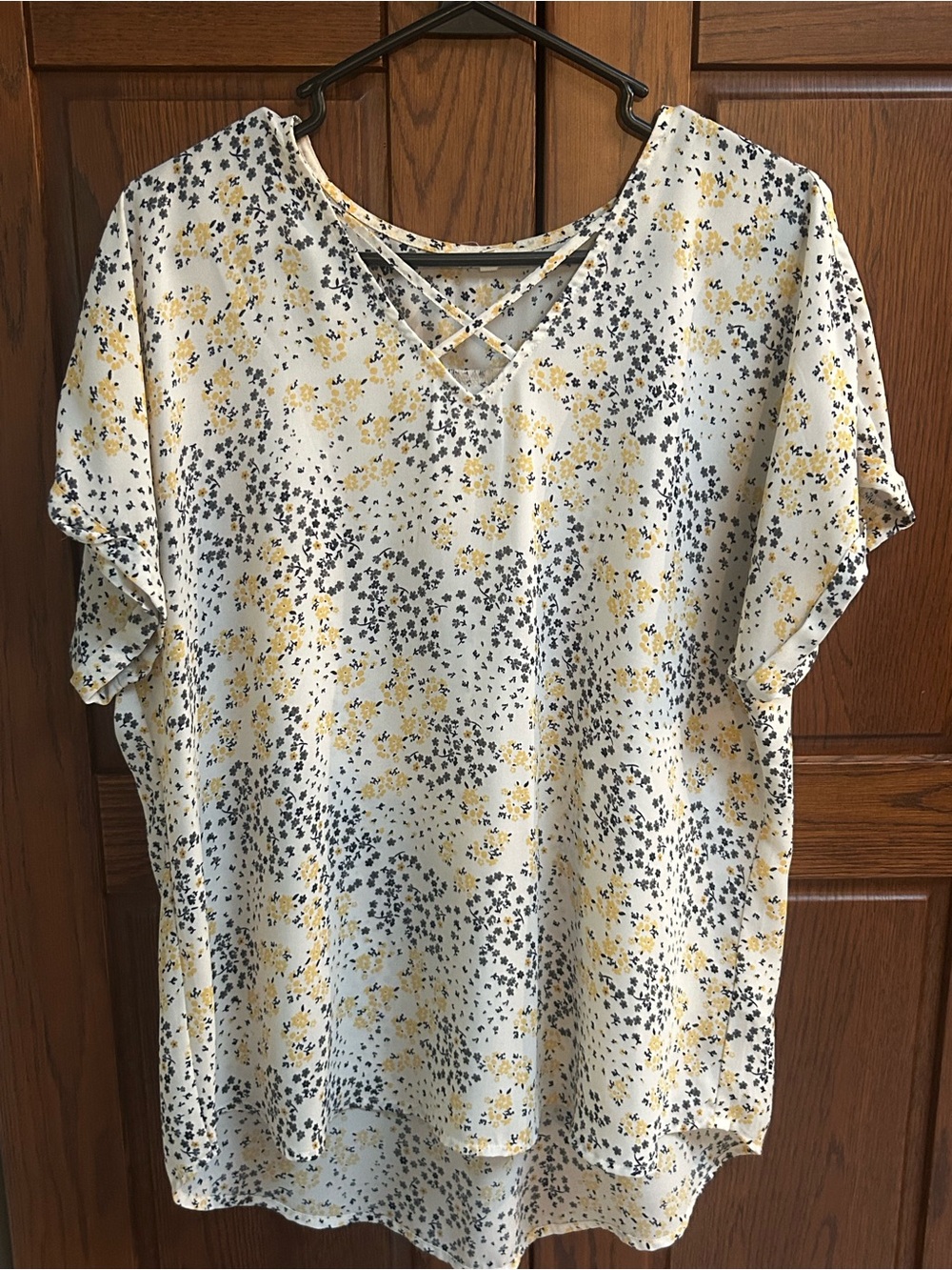 Maurices Cream Short-Sleeve Floral Crisscross V-Neck Top
